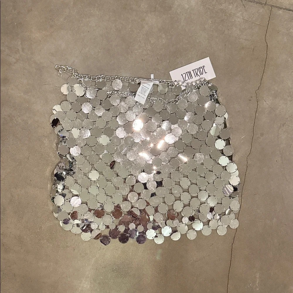 NWT 12th Tribe Metallic Silver Sequin Skirt - Picture 1 of 8